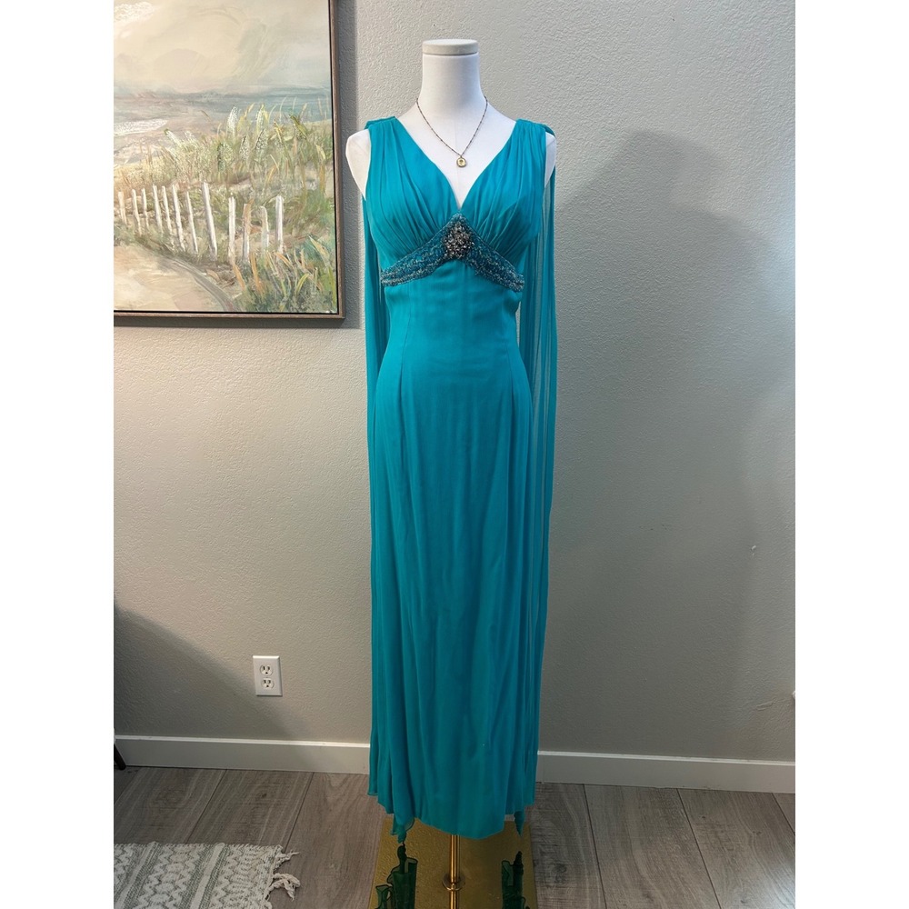 Vintage 1970s Turquoise Cape Sleeve Goddess Gown Rhinestone Beaded Formal Dress